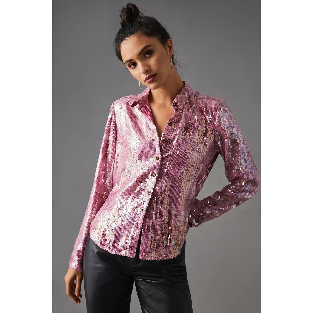 Pilcro Anthropologie Womens Pink‎ Sunken Sequin Glam Button Down Blouse Size XSP